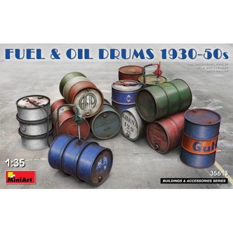 FUEL & OIL DRUMS 1930-50s Box contains 12 models of Fuel and Oil Drums 1930-50s. Decal sheet is Included ( 